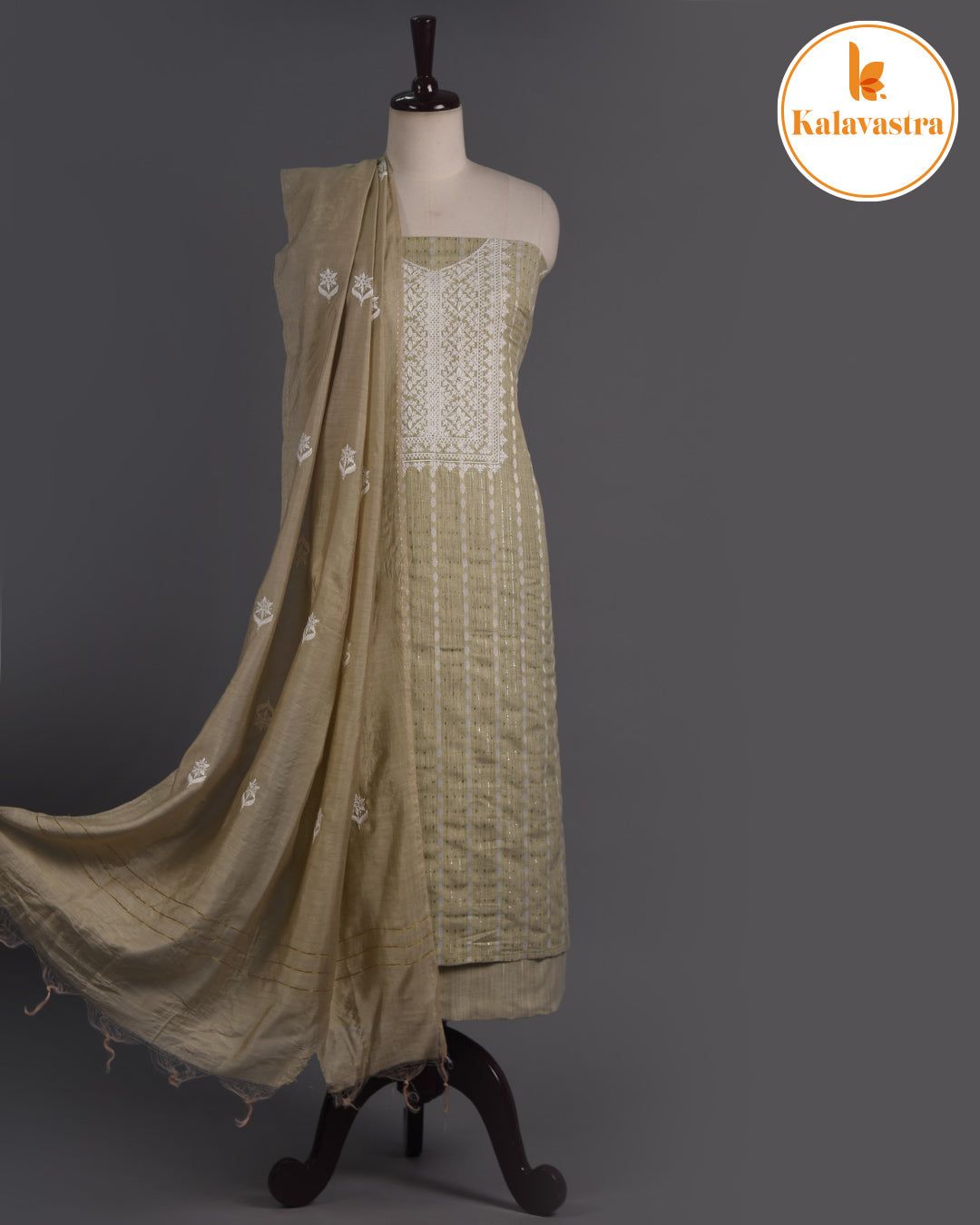 Light Green- Cotton Slub - Woven With Embroidery - Unstitched Suit Fabric With Muslin Embroidered Dupatta