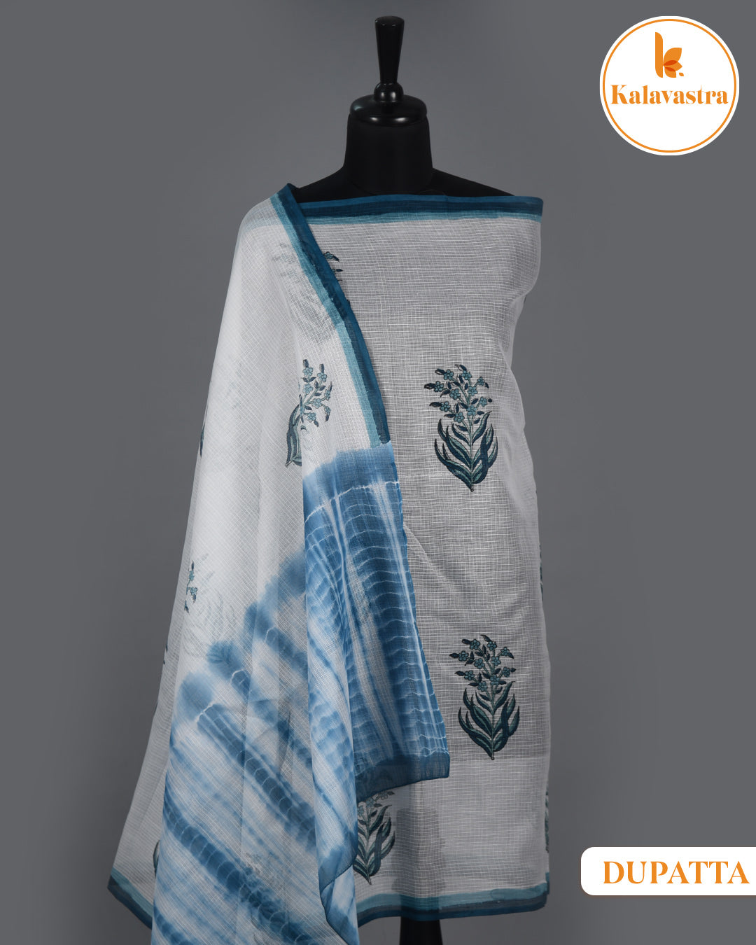 Blue - Pure Cotton - Woven Design -  Unstitched Suit Fabric With Kota Dupatta