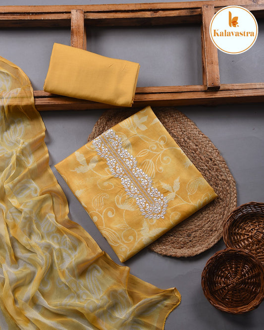 Yellow - Cotton Glazed - Printed With Embroidery - Unstitched Suit Fabric With Chiffon Dupatta