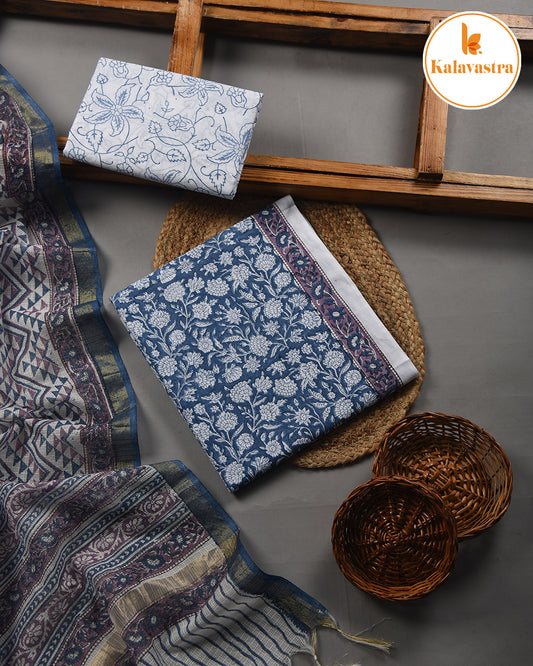 Blue- Pure Cotton- Hand Block Printed - Unstitched Suit Fabric With Kota Dupatta