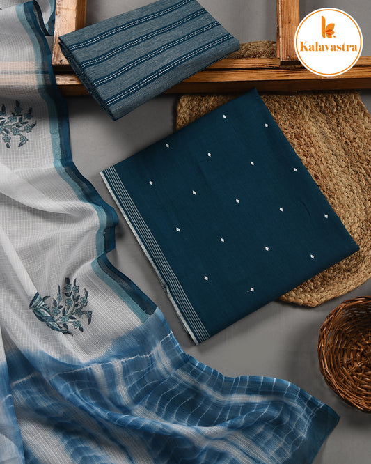 Blue - Pure Cotton - Woven Design -  Unstitched Suit Fabric With Kota Dupatta
