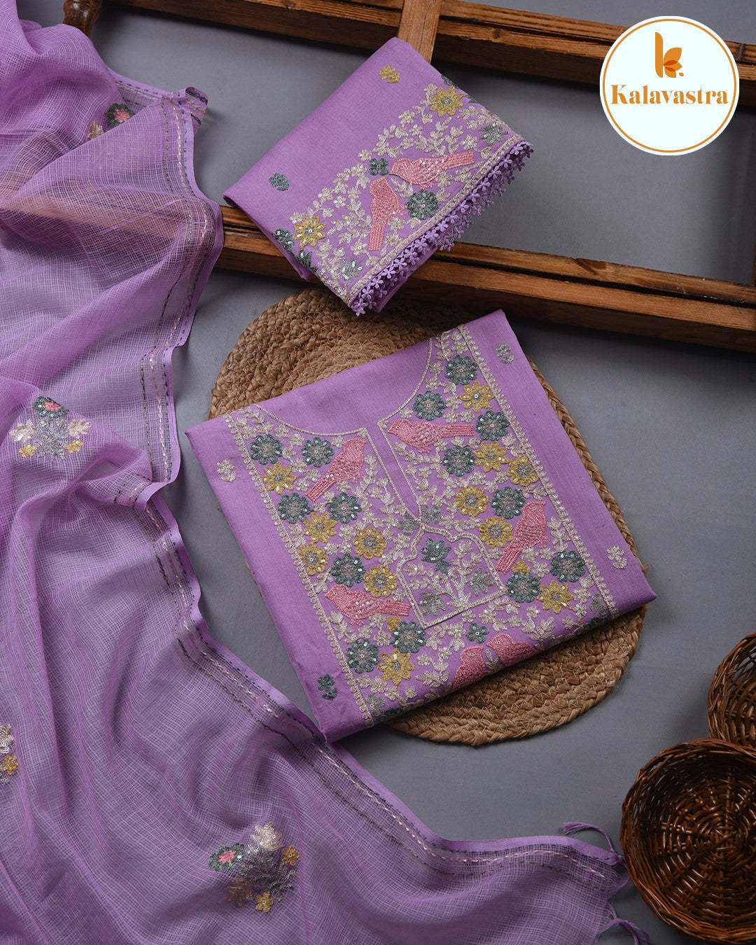 Purple - Cotton - Embroidered Unstitched Suit Fabric With Kota Embroidered Dupatta