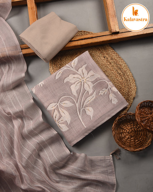 Light Brown - Linen Blend - Printed With Embroidery - Unstitched Suit Fabric With Linen Printed Dupatta