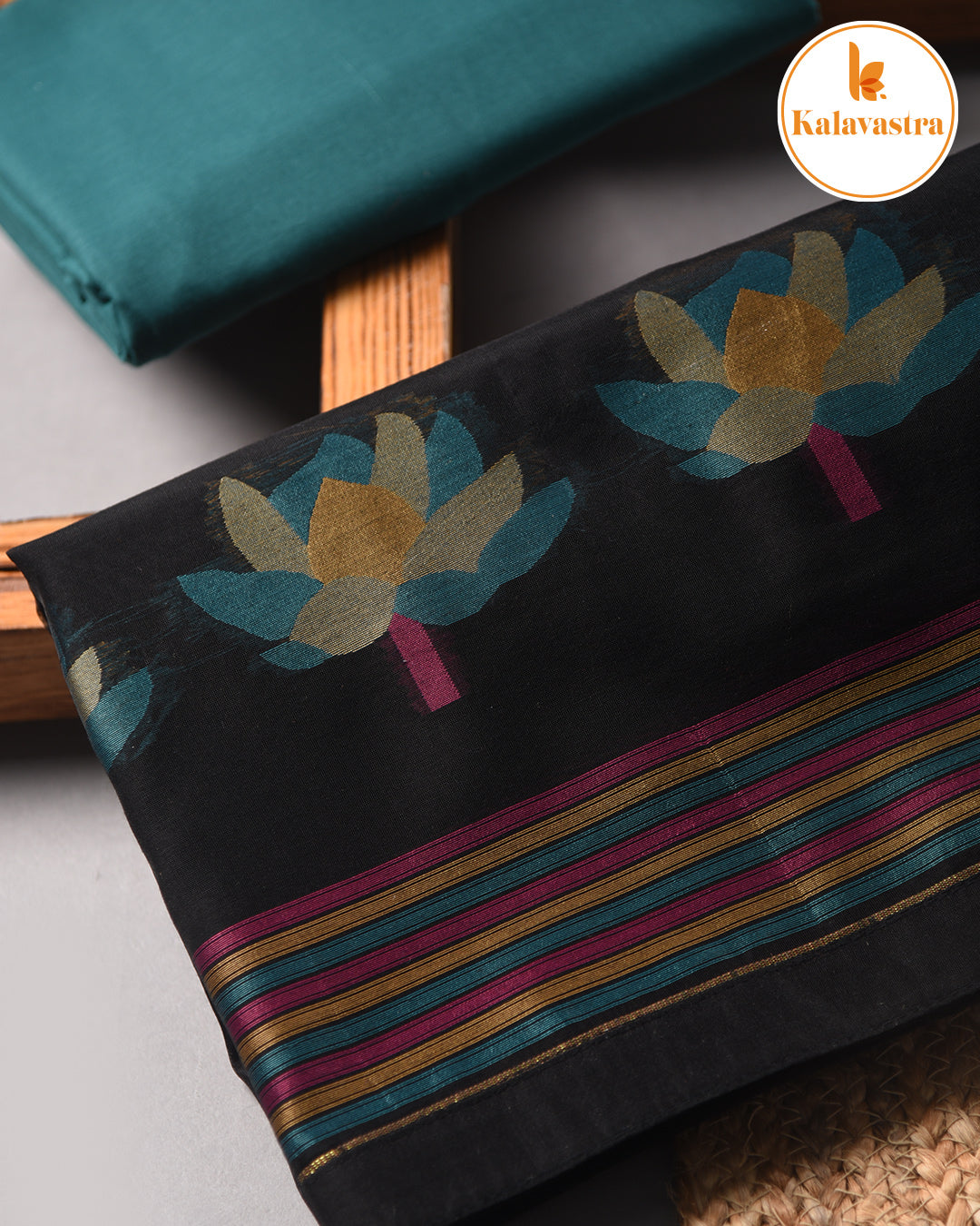 Black With Green-Chanderi-Jamdani Woven-Unstitched Suit Fabric With Chanderi Jamdani Woven Dupatta