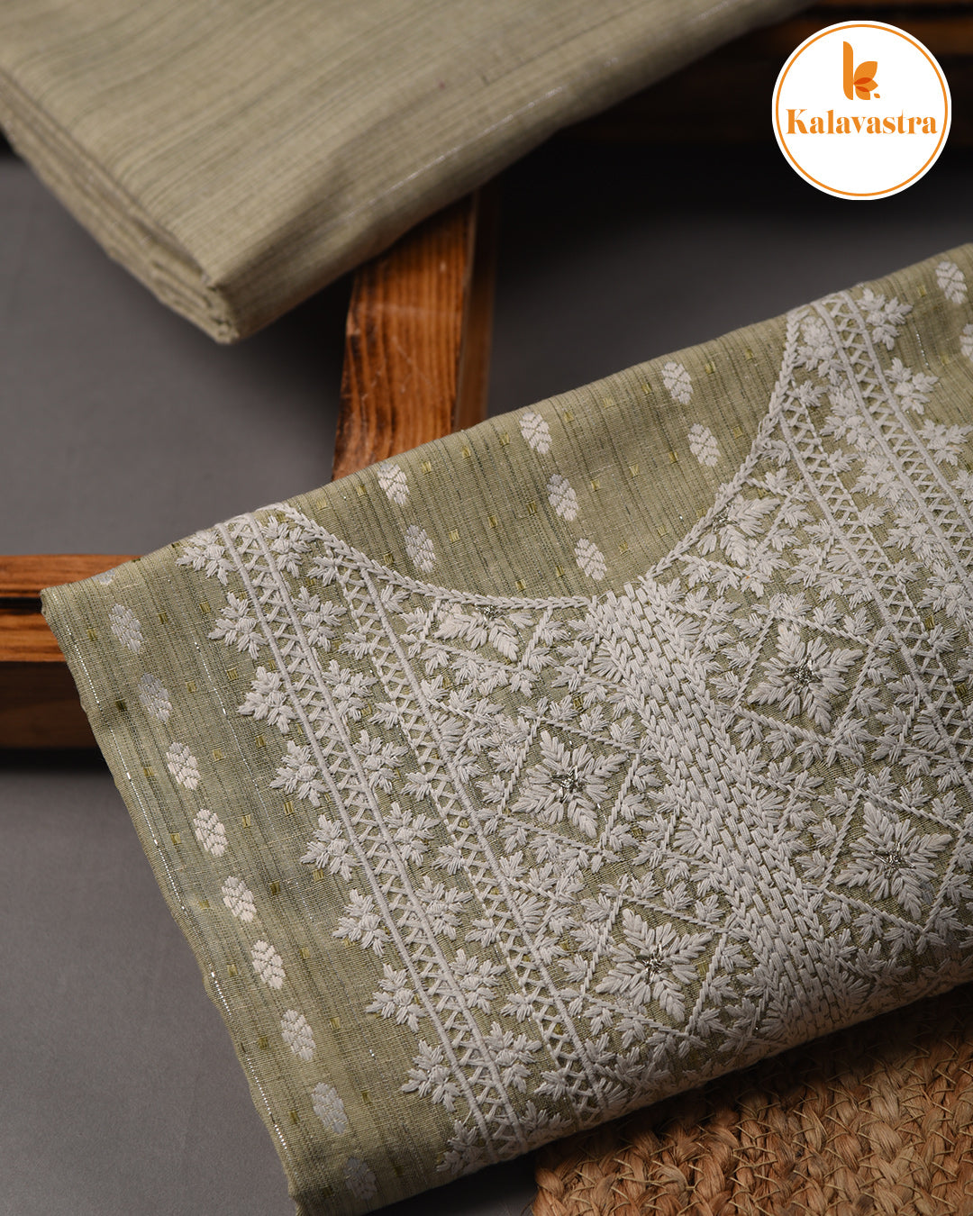 Light Green- Cotton Slub - Woven With Embroidery - Unstitched Suit Fabric With Muslin Embroidered Dupatta