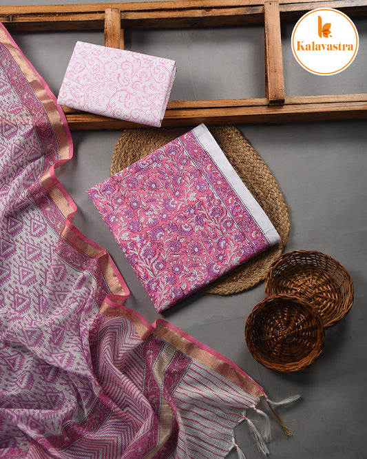 Carrot Pink - Pure Cotton- Hand Block Printed - Unstitched Suit Fabric With Kota Dupatta