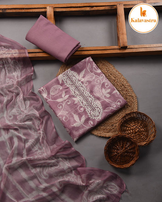 Mauve - Cotton Glazed - Printed With Embroidery - Unstitched Suit Fabric With Chiffon Dupatta