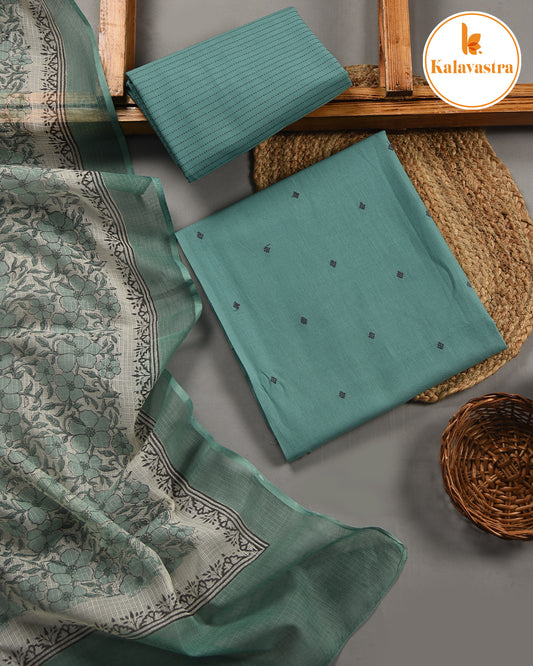 Sea Green - Pure Cotton - Woven Design -  Unstitched Suit Fabric With Kota Dupatta