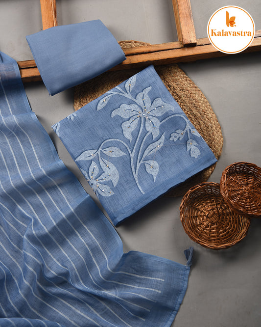 Blue - Linen Blend - Printed With Embroidery - Unstitched Suit Fabric With Linen Printed Dupatta