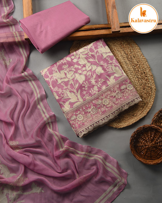 Mauve - Cotton Glazed - Printed With Embroidery - Unstitched Suit Fabric With Chiffon Dupatta
