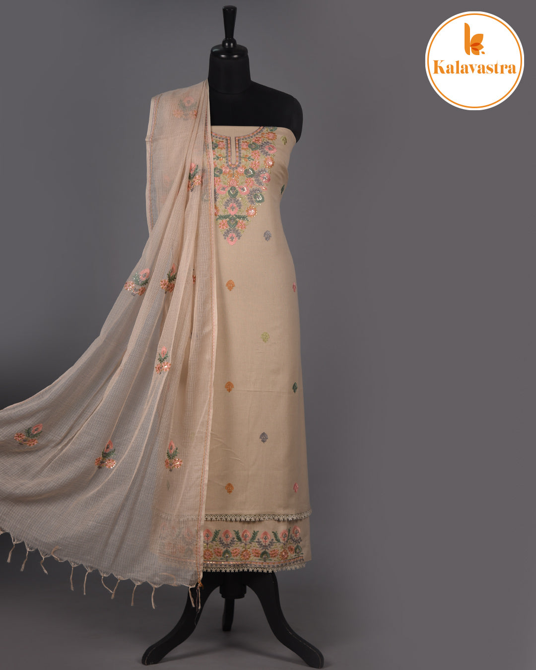 Beige - Cotton - Embroidered Unstitched Suit Fabric With Kota Embroidered Dupatta