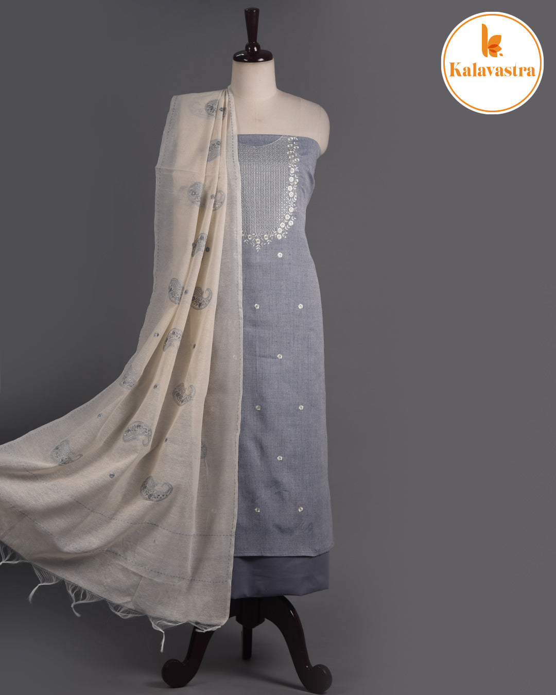 Grayish Blue- Cotton Slub - Woven With Embroidery - Unstitched Suit Fabric With Cotton Embroidered Dupatta