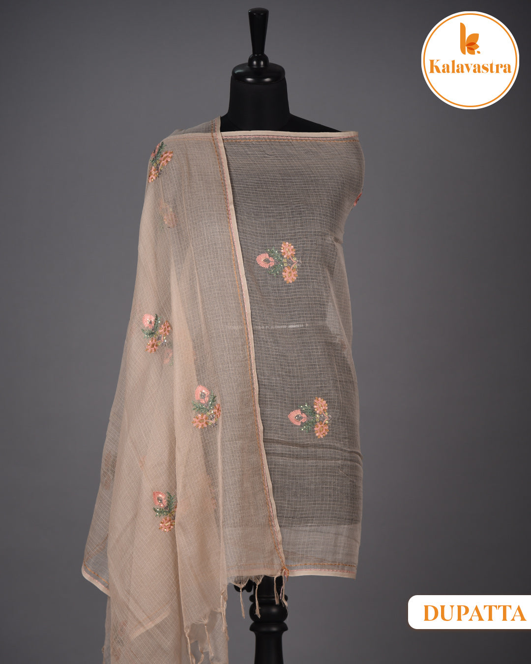 Beige - Cotton - Embroidered Unstitched Suit Fabric With Kota Embroidered Dupatta