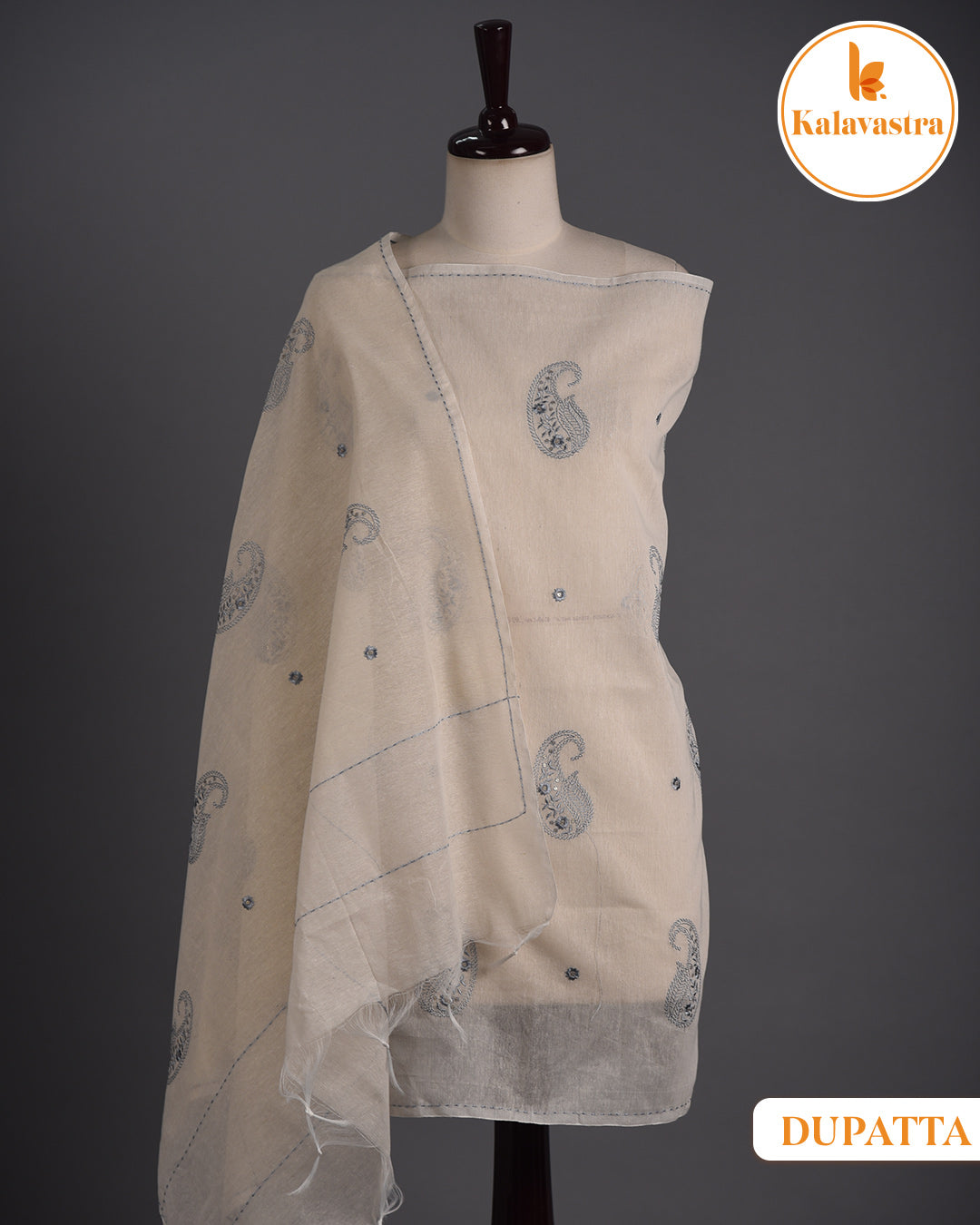 Grayish Blue- Cotton Slub - Woven With Embroidery - Unstitched Suit Fabric With Cotton Embroidered Dupatta