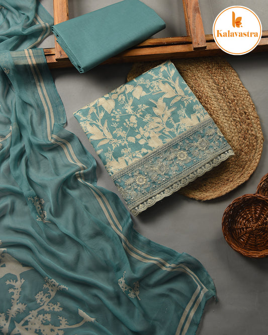 Green - Cotton Glazed - Printed With Embroidery - Unstitched Suit Fabric With Chiffon Dupatta
