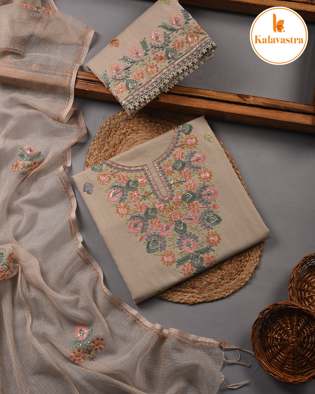 Beige - Cotton - Embroidered Unstitched Suit Fabric With Kota Embroidered Dupatta