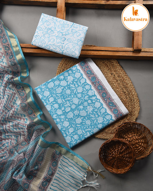 Turquoise - Pure Cotton- Hand Block Printed - Unstitched Suit Fabric With Kota Dupatta