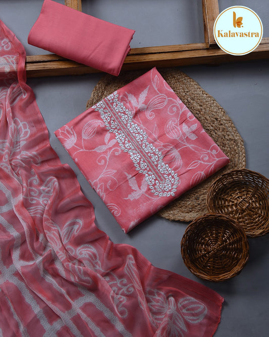 Light Pink - Cotton Glazed - Printed With Embroidery - Unstitched Suit Fabric With Chiffon Dupatta