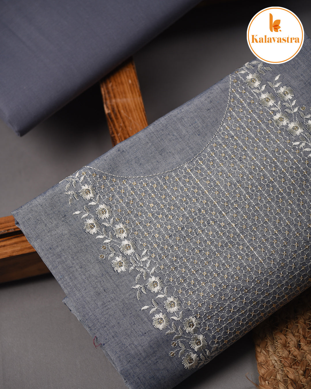 Grayish Blue- Cotton Slub - Woven With Embroidery - Unstitched Suit Fabric With Cotton Embroidered Dupatta