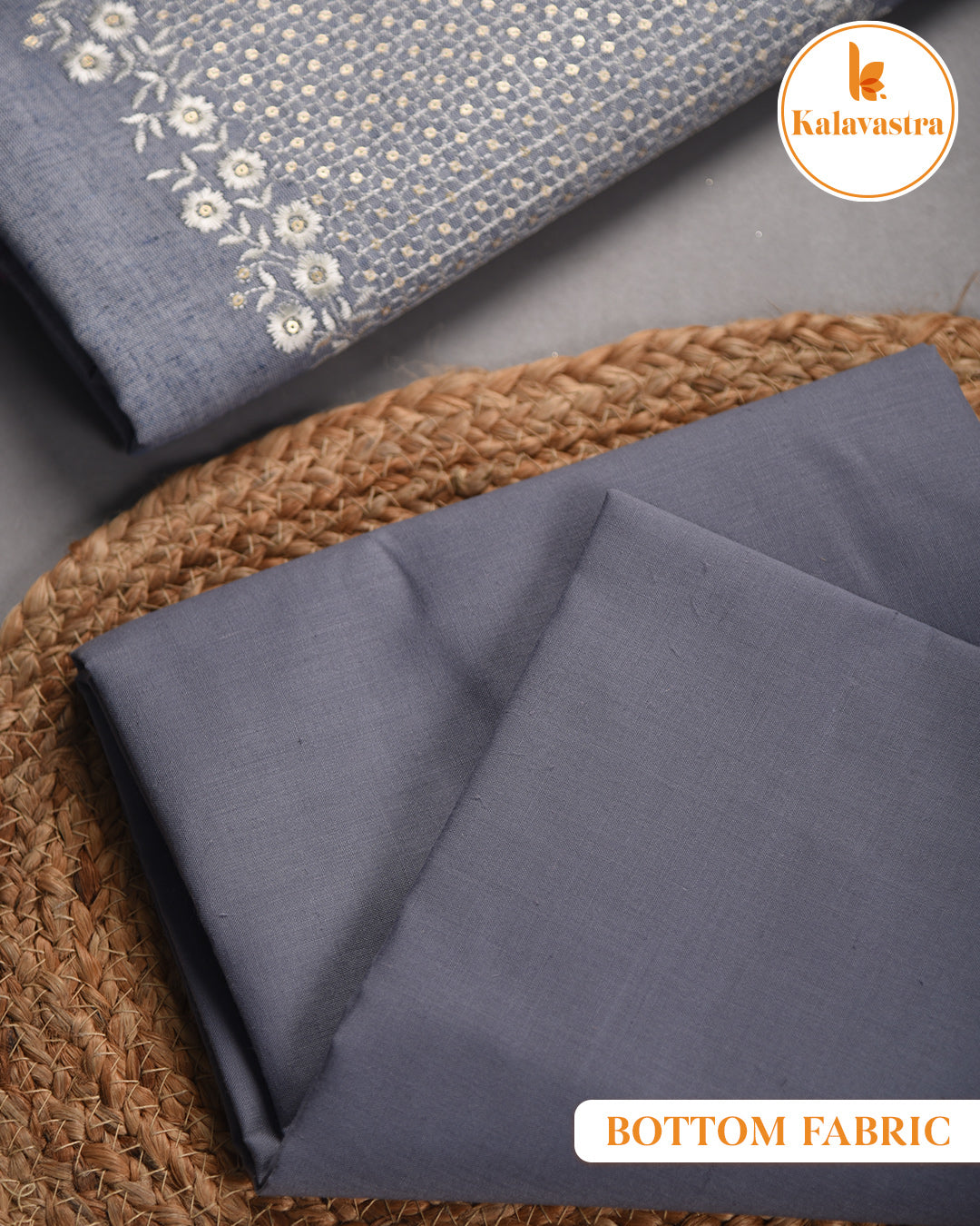 Grayish Blue- Cotton Slub - Woven With Embroidery - Unstitched Suit Fabric With Cotton Embroidered Dupatta