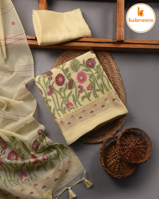 Lemon-Chanderi- Multi Color Jamdani Woven-Unstitched Suit Fabric With Chanderi Jamdani Woven Dupatta