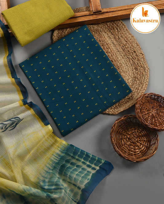 Teal Blue - Pure Cotton - Woven Design -  Unstitched Suit Fabric With Kota Dupatta