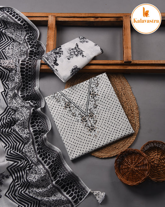 White - Pure Cotton - Printed With Embroidery - Unstitched Suit Fabric With Cotton Dupatta