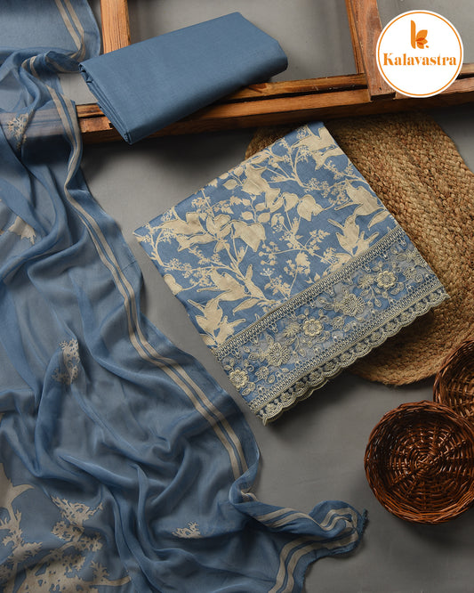 Blue - Cotton Glazed - Printed With Embroidery - Unstitched Suit Fabric With Chiffon Dupatta