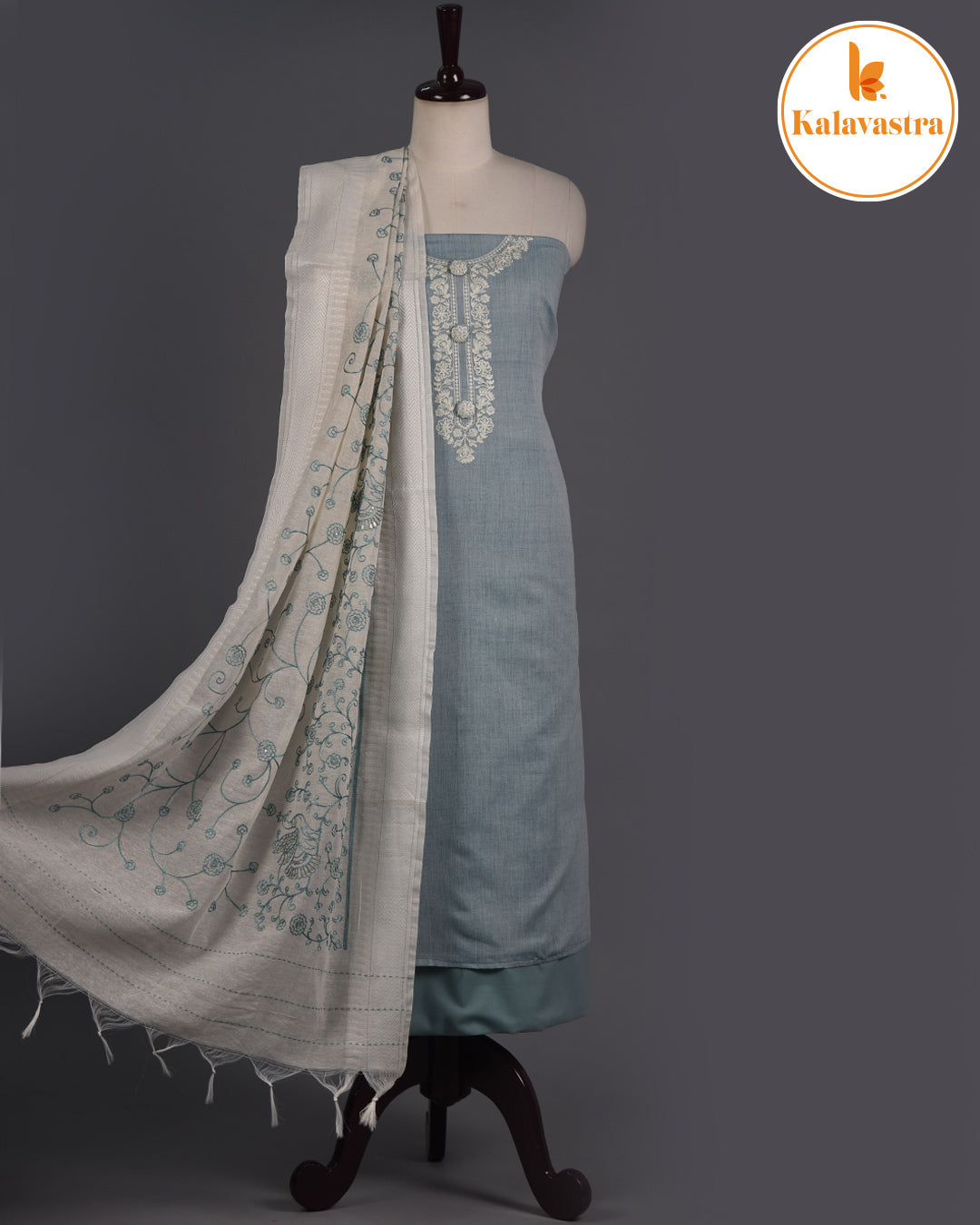 Sea Blue- Cotton Slub - Woven With Embroidery - Unstitched Suit Fabric With Cotton Embroidered Dupatta