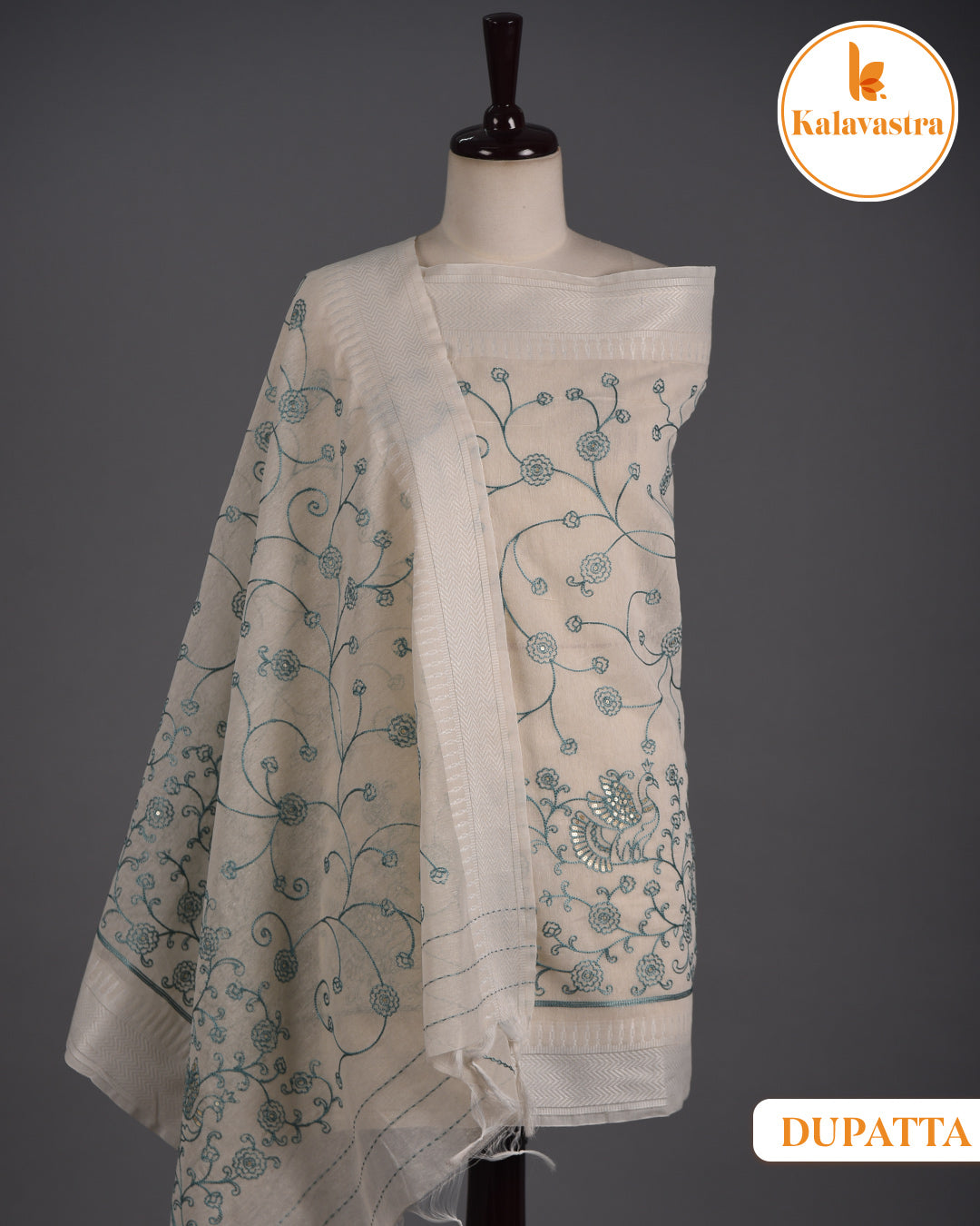 Sea Blue- Cotton Slub - Woven With Embroidery - Unstitched Suit Fabric With Cotton Embroidered Dupatta