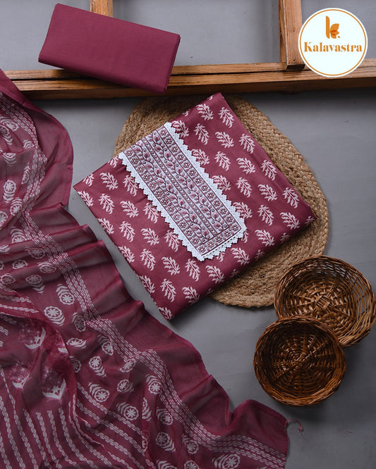 Deep Onion Pink - Cotton Glazed - Printed With Embroidery - Unstitched Suit Fabric With Chiffon Dupatta