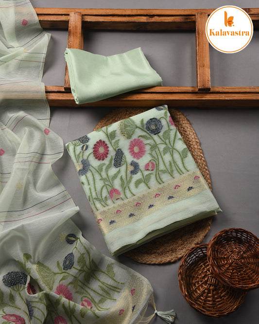 Light Sea Green-Chanderi- Multi Color Jamdani Woven-Unstitched Suit Fabric With Chanderi Jamdani Woven Dupatta