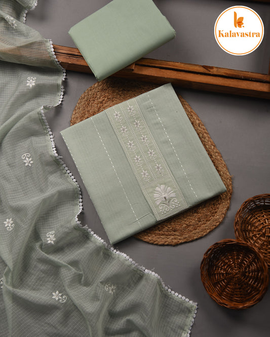 Light Green - Cotton - Embroidered Unstitched Suit Fabric With Kota Embroidered Dupatta