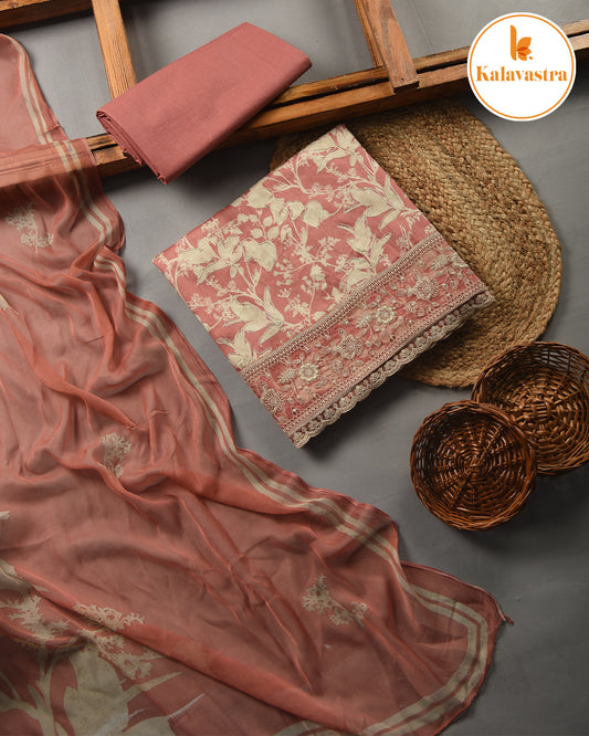 Brick Red - Cotton Glazed - Printed With Embroidery - Unstitched Suit Fabric With Chiffon Dupatta
