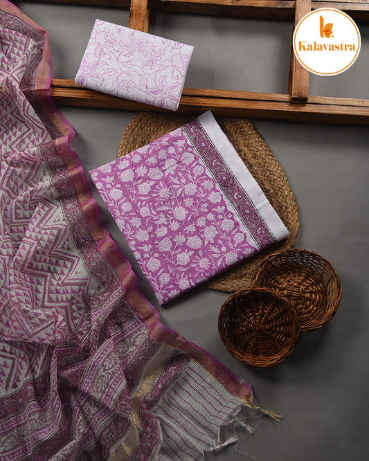 Pink - Pure Cotton- Hand Block Printed - Unstitched Suit Fabric With Kota Dupatta