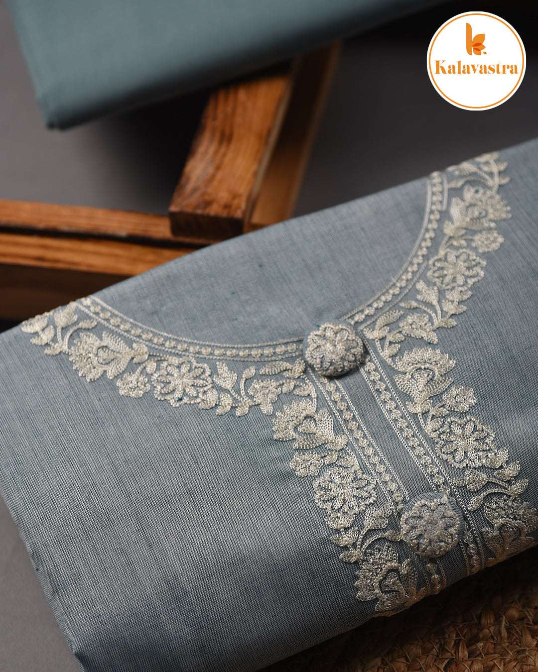 Sea Blue- Cotton Slub - Woven With Embroidery - Unstitched Suit Fabric With Cotton Embroidered Dupatta