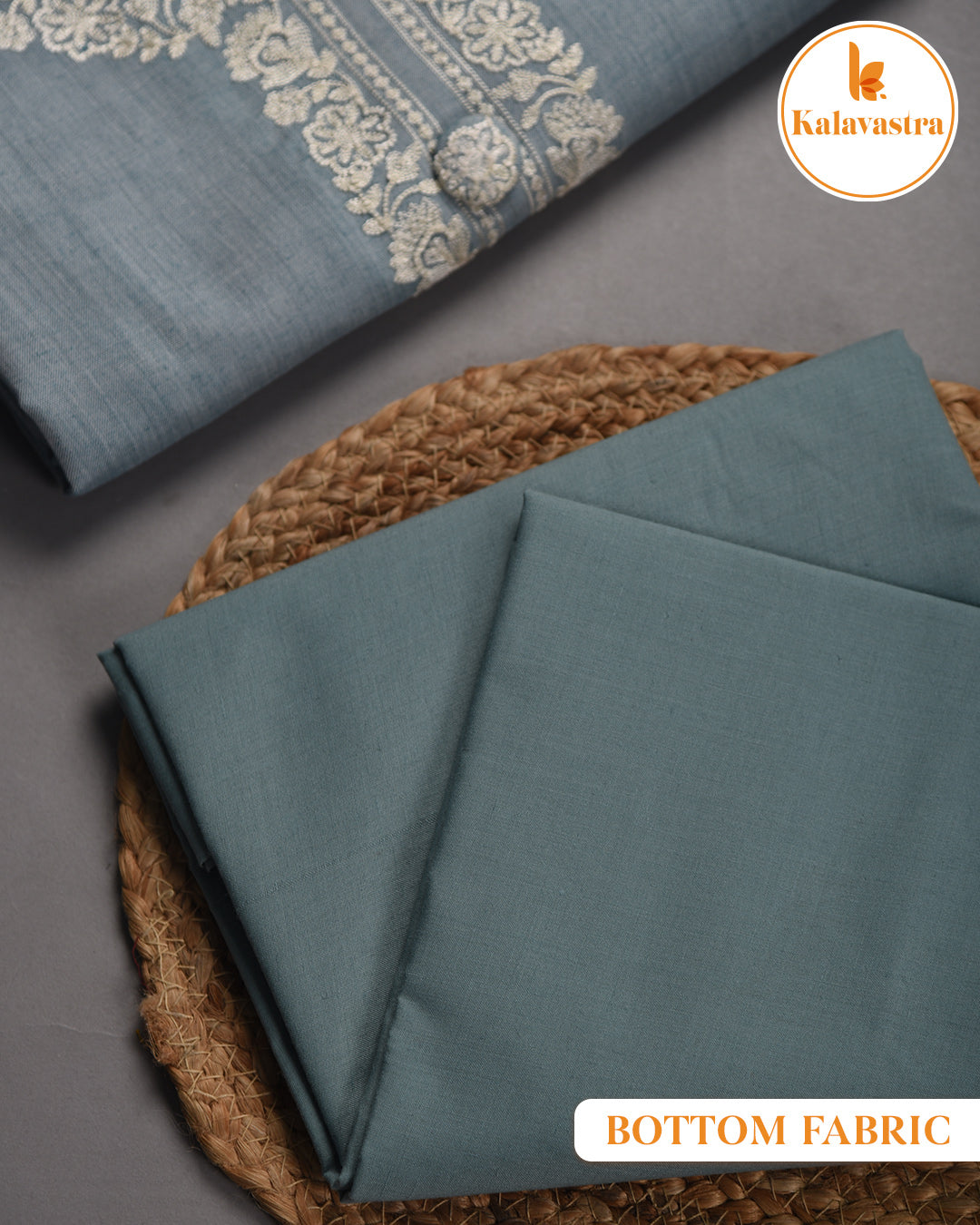 Sea Blue- Cotton Slub - Woven With Embroidery - Unstitched Suit Fabric With Cotton Embroidered Dupatta