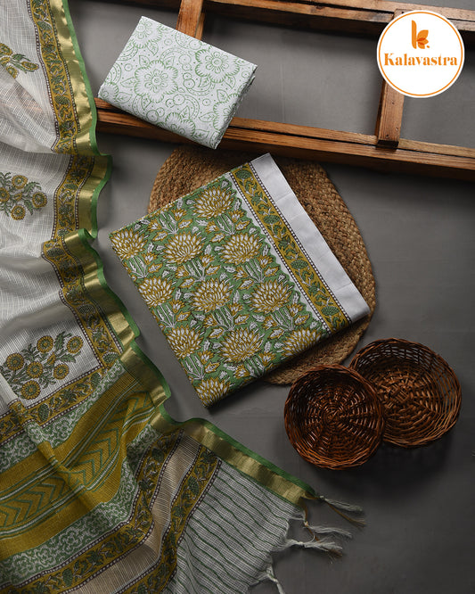 Light Green - Pure Cotton- Hand Block Printed - Unstitched Suit Fabric With Kota Dupatta
