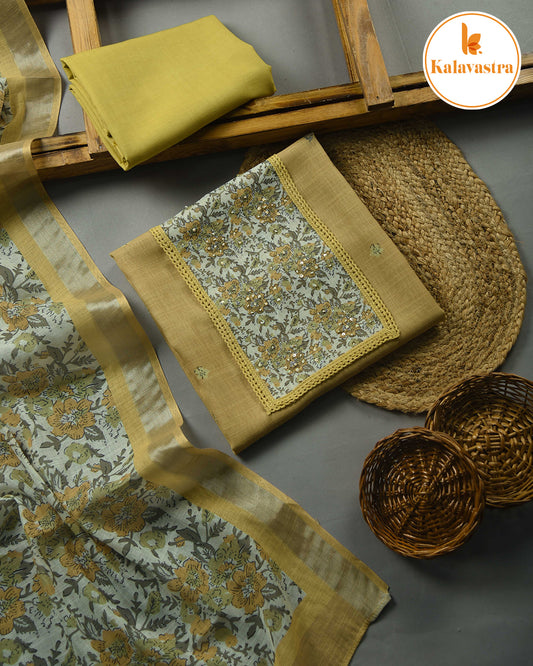 Mustard - Linen Blend - Printed With Embroidery - Unstitched Suit Fabric With Linen Dupatta