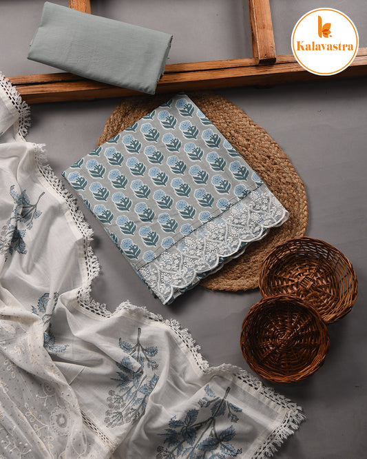 Gray With Blue - Pure Cotton - Printed With Embroidery - Unstitched Suit Fabric With Cotton Embroidered Dupatta