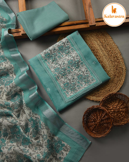 Green - Linen Blend - Printed With Embroidery - Unstitched Suit Fabric With Linen Dupatta