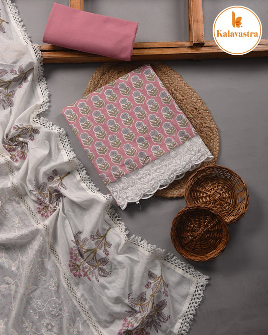 Pink With Gray - Pure Cotton - Printed With Embroidery - Unstitched Suit Fabric With Cotton Embroidered Dupatta
