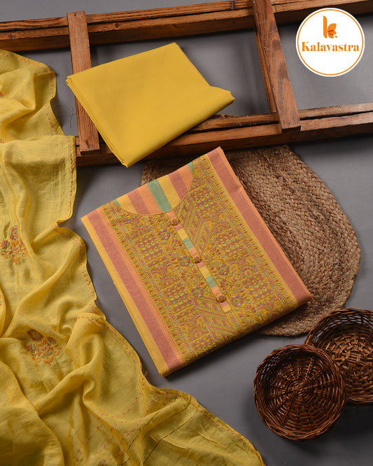 Yellow - Cotton - Woven With Embroidery Unstitched Suit Fabric With Muslin Embroidered Dupatta