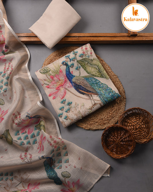 Beige - Linen Blend - Printed With Embroidery - Unstitched Suit Fabric With Linen Printed Dupatta