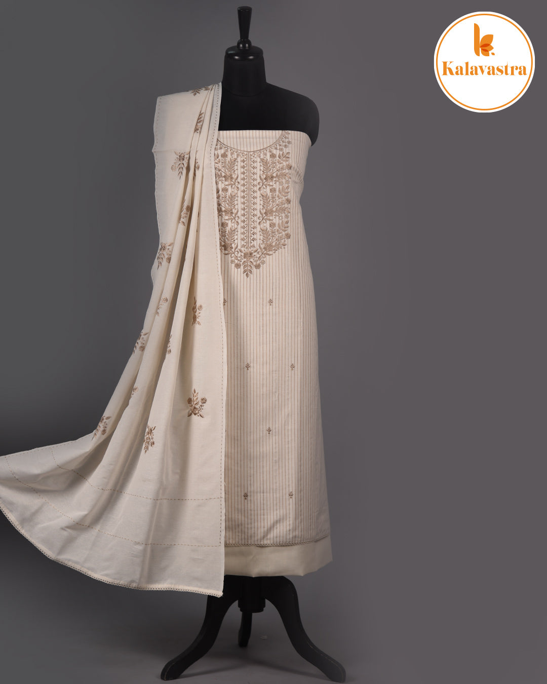 Cream - Cotton - Woven With Embroidery Unstitched Suit Fabric With Cotton Embroidered Dupatta