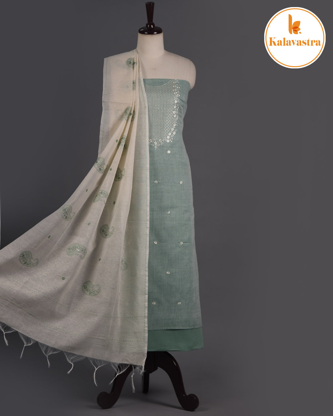Green- Cotton Slub - Woven With Embroidery - Unstitched Suit Fabric With Cotton Embroidered Dupatta
