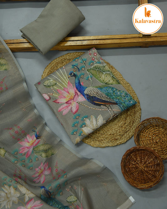 Gray - Linen Blend - Printed With Embroidery - Unstitched Suit Fabric With Linen Printed Dupatta