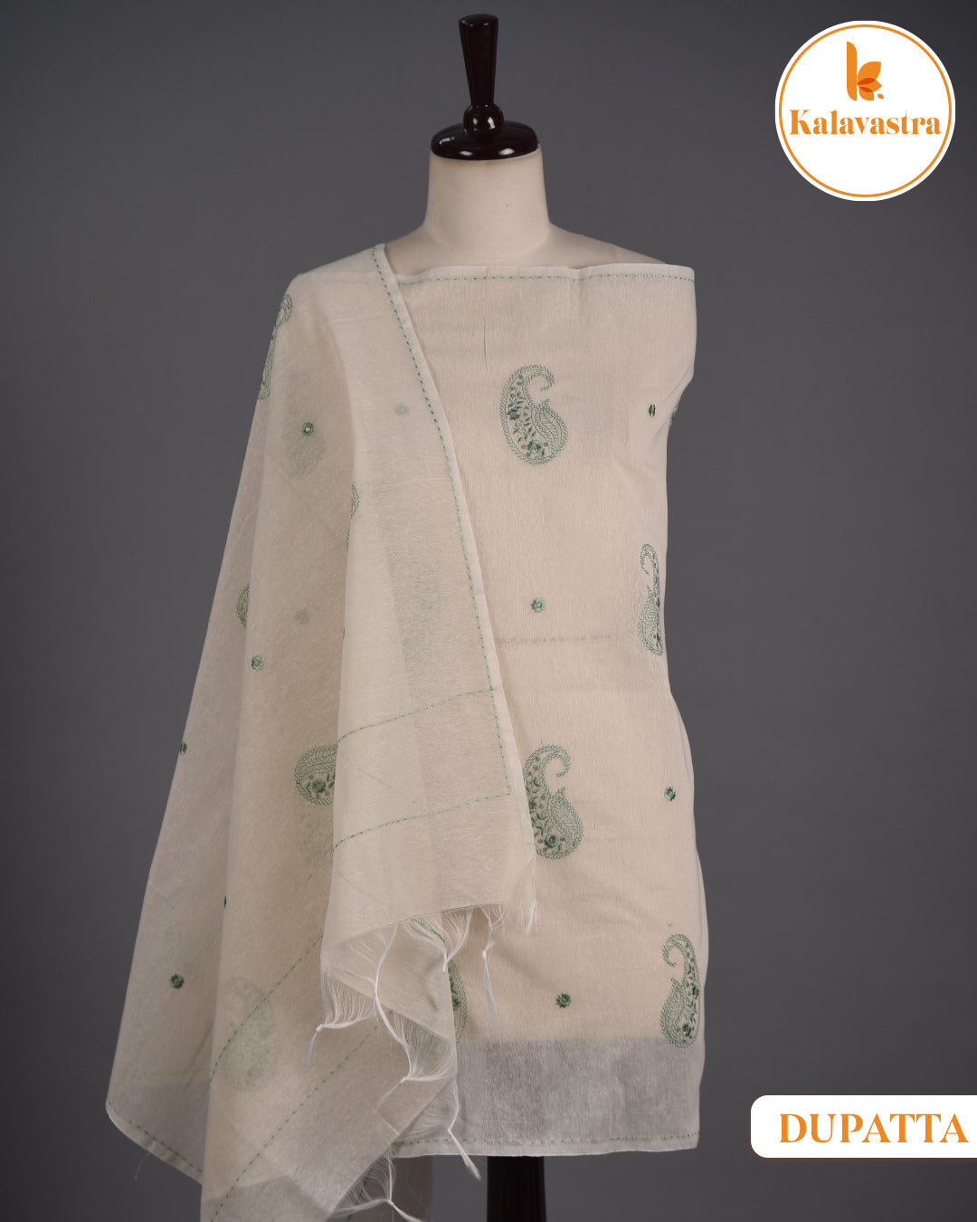 Green- Cotton Slub - Woven With Embroidery - Unstitched Suit Fabric With Cotton Embroidered Dupatta