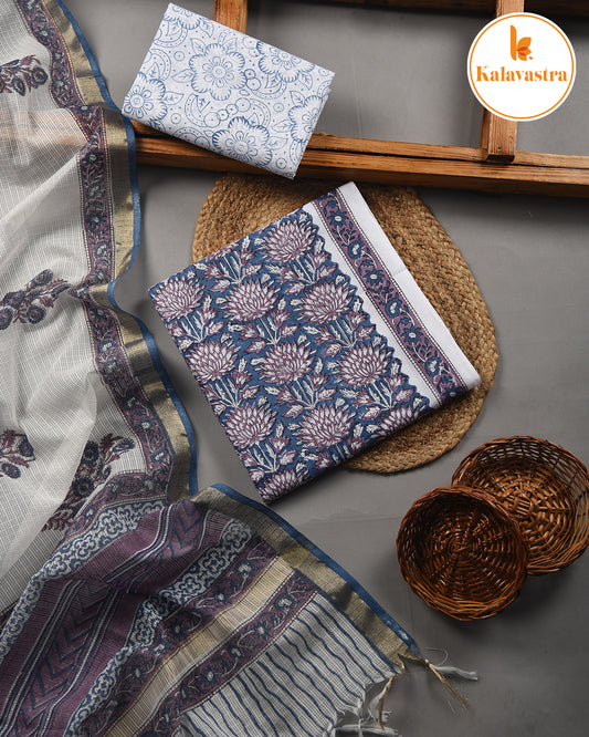 Grayish Blue - Pure Cotton- Hand Block Printed - Unstitched Suit Fabric With Kota Dupatta