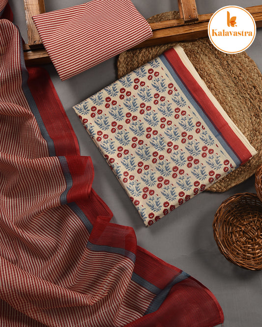 Cream With Red- Soft Cotton- Hand Block Printed - Unstitched Suit Fabric With Kota Dupatta